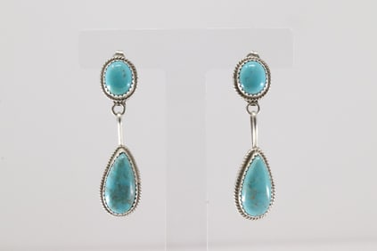 Native America Navajo Sterling Silver Kingman Turquoise Post / Dangling Earring's By Theresa Smith.