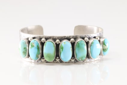 Native America Navajo Sterling Silver Sonora Gold Turquoise Bracelet Cuff By B.Benally.
