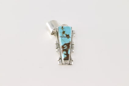 Native America Navajo Sterling Silver Turquoise Inlay Pendant By S.F.