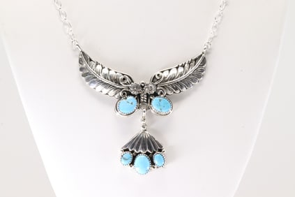 Native America Navajo Sterling Silver Turquoise Necklace Floral By Emerson Delgarito.