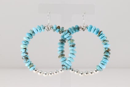 Native America Navajo Sterling Silver Turquoise & Beaded Hoop Dangling Earring's.