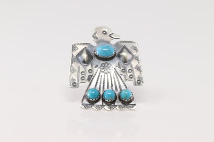 Native America Navajo Sterling Silver Turquoise Thunderbird Ring By Yazzie.