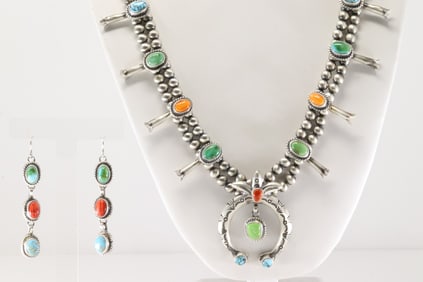 Native America Navajo Sterling Silver Multi-Color Stone Squash Blossom Necklace & Earring's Set By