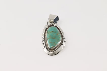 Native America Navajo Sterling Silver Kingman Turquoise Pendant By Donovan Skeets.