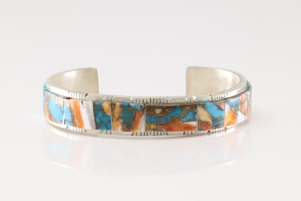 Native America Navajo Sterling Silver Multi-Color Stone Inlay Bracelet Cuff By Steve Francisco.