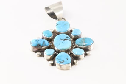 Native America Navajo Sterling Silver Kingman Turquoise Pendant By W.D.