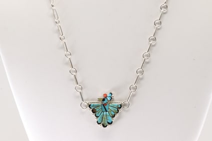 Native America Zuni Sterling Silver Multi-Color Stone Bird Necklace By Michelle Peina.