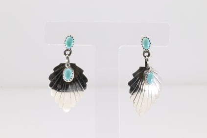 Native America Navajo Sterling Silver Turquoise Post / Dangling Leaf Earring's By Genevieve