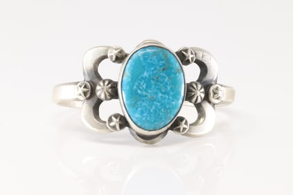 Native America Navajo Sterling Silver Turquoise Bracelet Cuff By Chimney Butte.