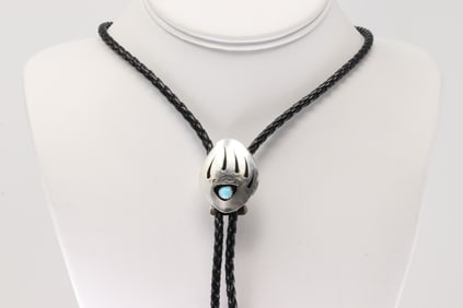 Native America Navajo Sterling Silver Bear Paw Turquoise Bolo Necklace By Ervin Begay.