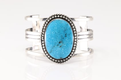 Native America Navajo Sterling Silver Kingman Turquoise Bracelet Cuff By Chimney Butte.