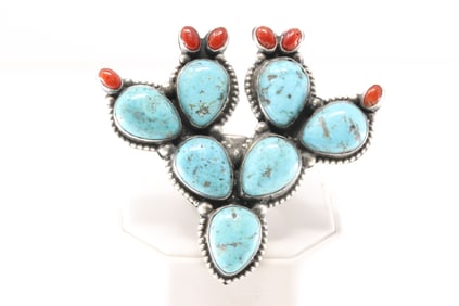 Native America Navajo Sterling Silver Coral & Kingman Turquoise Cactus Ring By Shaan C.
