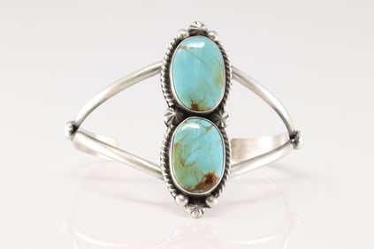 Native America Navajo Sterling Silver Kingman Turquoise Bracelet Cuff By Alfred Martinez.
