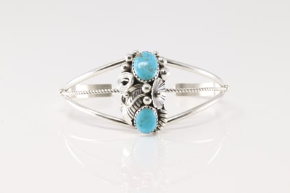 Native America Navajo Sterling Silver Kingman Turquoise Bracelet Cuff By Max Calladito.