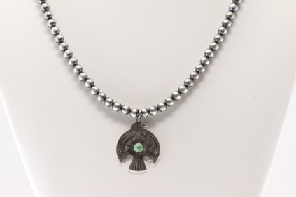 Native America Navajo Sterling Silver Turquoise Thunderbird Pendant & Pearl Beaded Necklace.