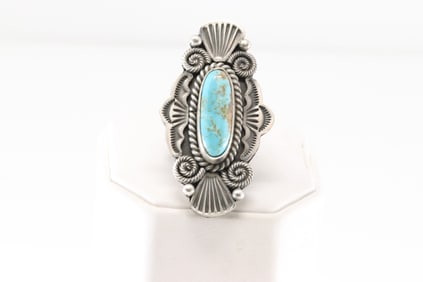 Native America Navajo Sterling Silver Kingman Turquoise Ring By M.C.