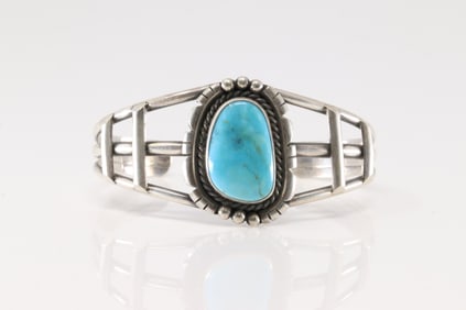 Native America Navajo Sterling Silver Kingman Turquoise Bracelet Cuff By Allanna Yellow.