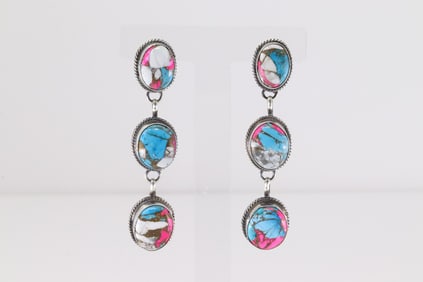 Native America Navajo Sterling Silver Turquoise Compressed Post / Dangling Earring's By Freda