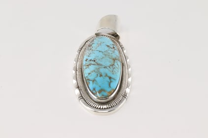 Native America Navajo Sterling Silver Kingman Turquoise Pendant By Walter Vendever.