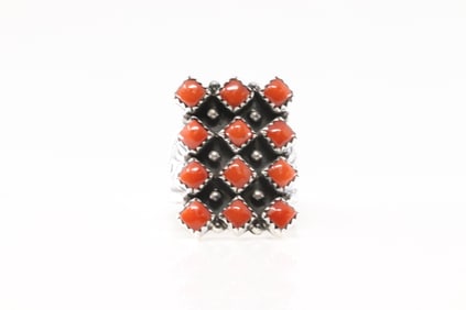 Native America Navajo Sterling Silver Coral Ring 3 Rows By Verley Betone.