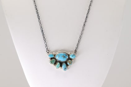 Native America Navajo Sterling Silver Kingman Turquoise Necklace By Geraldine James.