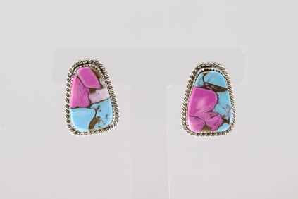 Native America Navajo Sterling Silver Turquoise Comprossed Post Earring's By Gabi Jim.