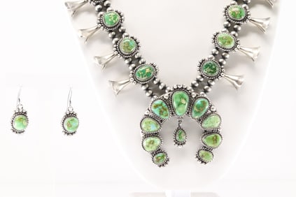 Native America Navajo Sterling Silver Sonora Gold Turquoise Squash Blossom Necklace & Earring's Set