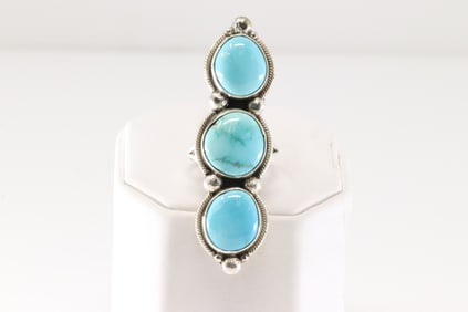 Native America Navajo Sterling Silver Turquoise Ring 3 Stone By S.