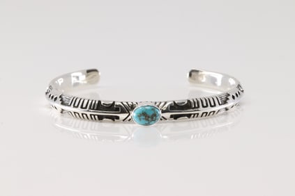 Native America Navajo Sterling Silver Turquoise Bracelet Cuff By B.S.