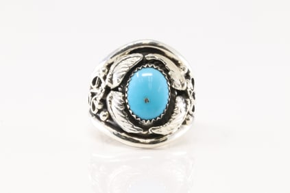 Native America Navajo Sterling Silver Turquoise Floral Ring By Jennifer Cayaditto.