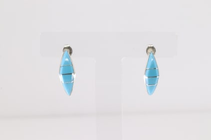 Native America Zuni Sterling Silver Turquoise Inlay Hoop Earring's By Robert Kanesta.