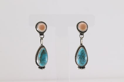 Native America Navajo Sterling Silver Pink Conch Shell & Kingman Turquoise Post / Dangling Earring's