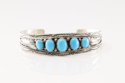 Native America Navajo Sterling Silver Turquoise Bracelet Cuff By Betty Begaye.