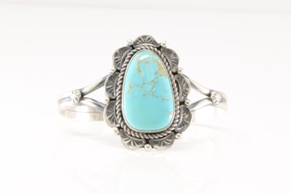 Native America Navajo Sterling Silver Kingman Turquoise Bracelet Cuff By Jeff James.