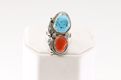 Native America Navajo Sterling Silver Coral & Turquoise Ring.
