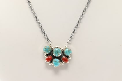 Native America Navajo Sterling Silver Coral & Turquoise Necklace By Sheila Becenti.