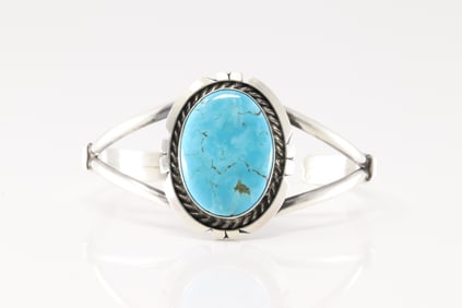 Native America Navajo Sterling Silver Kingman Turquoise Bracelet Cuff By Augustine Largo.