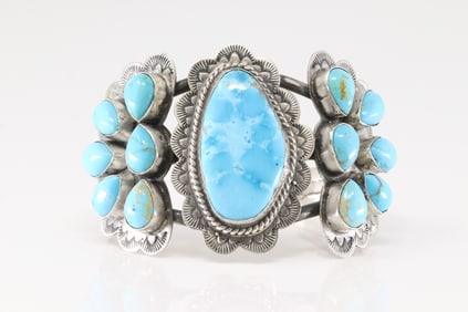 Native America Navajo Sterling Silver Kingman Turquoise Bracelet Cuff By KEE-J.