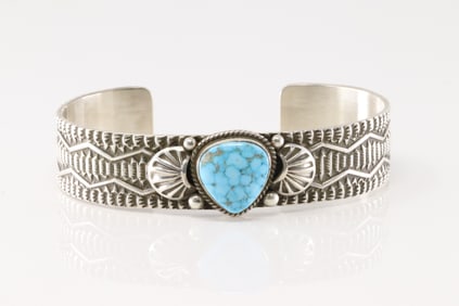 Native America Navajo Sterling Silver Kingman Turquoise Bracelet Cuff By Darell Cadman.