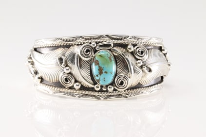 Native America Navajo Sterling Silver Kingman Turquoise Bracelet Cuff By Darrell Morgan.