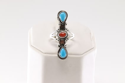 Native America Navajo Sterling Silver Coral & Turquoise Ring By Jerryson Henio.