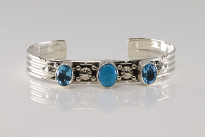 Native America Navajo Sterling Silver Blue Topaz & Turquoise Bracelet Cuff By Gilbert Smith.