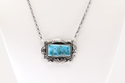 Native American Navajo Sterling Silver Turquoise Necklace By Juanita Long.