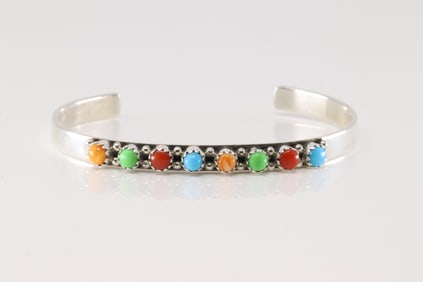 Native America Navajo Sterling Silver Multicolor Stone Bracelet Cuff By GP- SRY.
