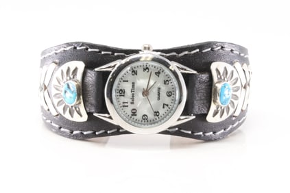 Native America Navajo Sterling Silver Turquoise Watch Leather Bracelet Cuff By F.Armstrong.