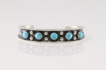 Native America Navajo Sterling Silver Kingman Turquoise Bracelet Cuff By Ray King.