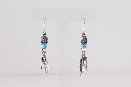Native America Navajo Sterling Silver Turquoise Dangling Earrings By Sharon McCarthy.