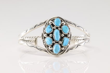 Native America Navajo Sterling Silver Turquoise Bracelet Cuff By M.Chee.