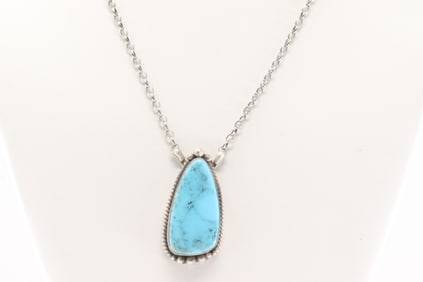 Native America Navajo Sterling Silver Campitos Turquoise Necklace By Elouise Kee.