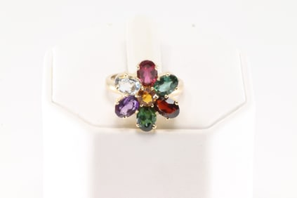 Multi-Color Gemstone Flower ring 14Kt.